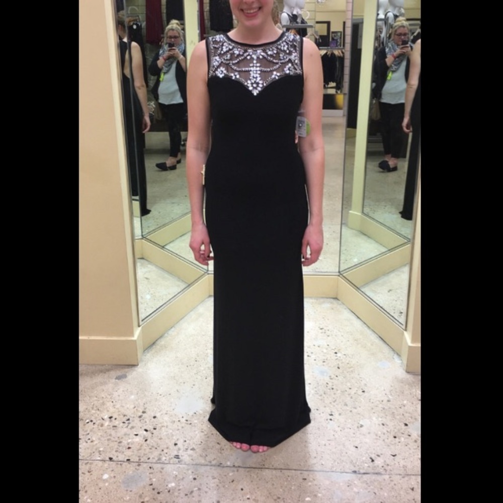 Windsor Black Long dress with Mesh Jewel Neckline